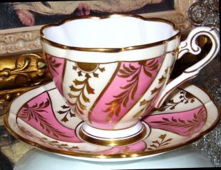 Royal Stafford Tea Cup And Saucer Pink & Gold Gilt Swirl Bone China Teacup