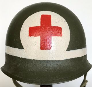 Wwii Us M - 1 Front Seam Swivel Bale Helmet Post War Medic Repaint.