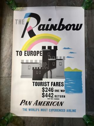 Rare Vtg Pan Am American Rainbow To Europe Travel Poster Mid Century