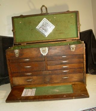 Estate Old Vintage Antique Oak Machinist 7 Drawer Tool Chest Box