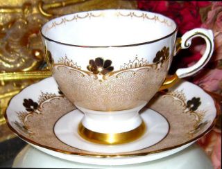 Tuscan Footed Tea Cup & Saucer Floral & Crown Border Gold Teacup Pattern D1848