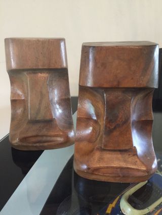 Pair Easter Island Moai Statue Wood Carved Bookends Vintage Rare Tiki Ancient A