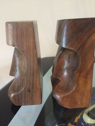 Pair easter island moai statue wood carved bookends vintage rare tiki ancient a 2