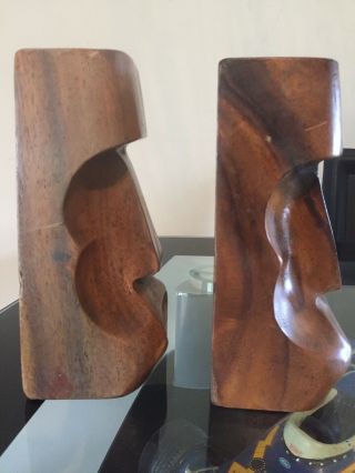 Pair easter island moai statue wood carved bookends vintage rare tiki ancient a 4