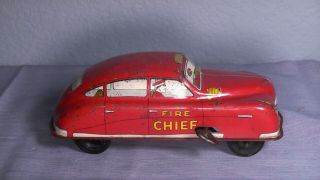 Vintage Courtland Fire Chief Car Tin Litho Key Wind Friction Toy All Red Version