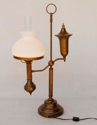 Vintage Brass Student Lamp With White Ribbed Glass Shade And Chimney