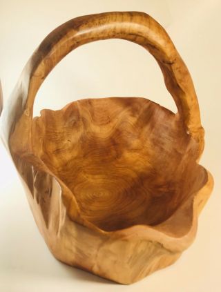Hand Carved Burl Root Wood Basket Bowl With Handle Natural Organic Rustic Modern