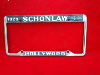 Very Rare " Schonlaw Chevrolet " Hollywood - Vintage Metal Licence Plate Frame