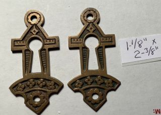 Pair Gothic Victorian 1880’s Keyhole Escutcheons Cast Copper Bronze Hardware