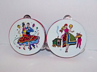 Set Of 2 Vintage U.  S.  Metal Toy Tambourine Gypsy Flamingo Dancers (a)
