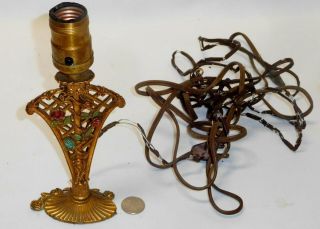 Antique Cast Iron Table Lamp Base W/ Fancy Pierced Painted Floral Motif