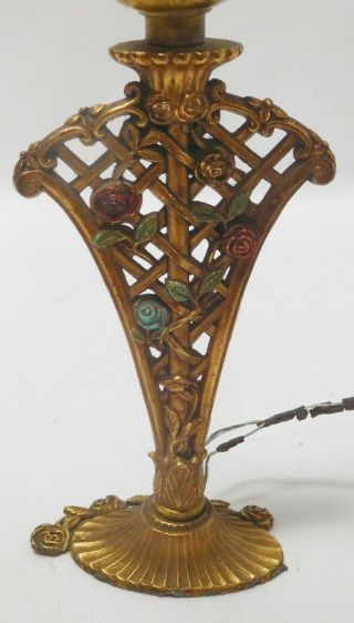 Antique Cast Iron Table Lamp Base w/ Fancy Pierced Painted Floral Motif 2