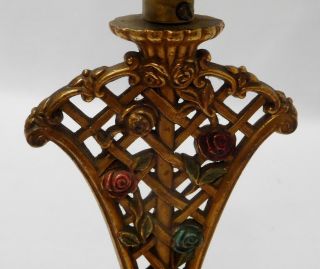 Antique Cast Iron Table Lamp Base w/ Fancy Pierced Painted Floral Motif 3