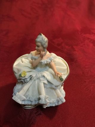 Dresden Sandizell Porcelain Lace Figurine Seated Lady In Blue