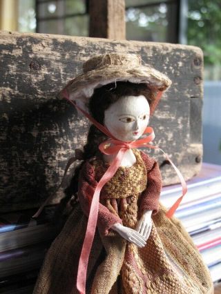 Antique Inspired Queen Anne Hand Carved Jointed Wood Doll 6.  25 " By Hitty Artist
