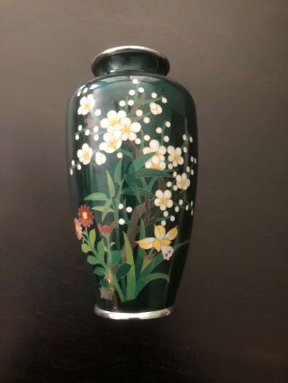 Japan Japanese Signed Sato Cloisonné Vase / 7 - 1/4” Tall / Flowers Green