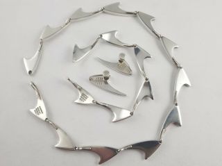 Bent Knudsen Sterling Shark ' s Tooth Set 1960 ' s Necklace Bracelet Ear Screw 2