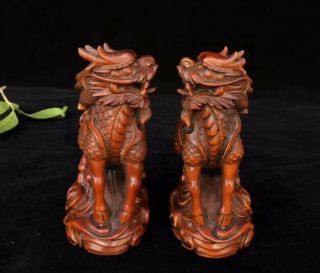 Old Boxwood Handwork Carve Mighty One Pair Kylin Exorcism Elegant Noble Statue