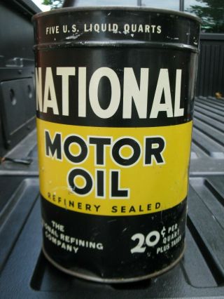 Antique Vintage National Motor Oil 5 Quart Tin Can With.  20 Price Per Quart