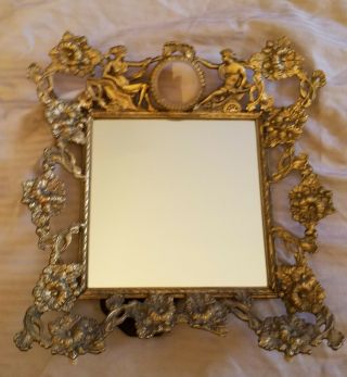 Antique Gold Ormolu Vanity Mirror W/ Grecian Figures - Flowers Large Center Jewel