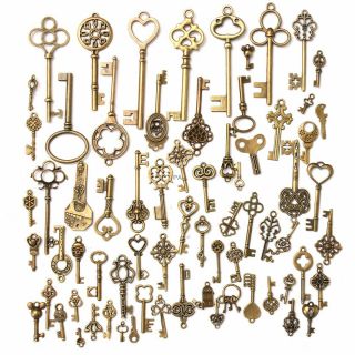 Set Of 70 Antique Vintage Old Look Bronze Skeleton Keys Fancy Heart Bow Pendant