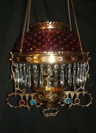 Antique Meriden Jeweled Hanging Oil Lamp (cranberry Hobnail Shade)