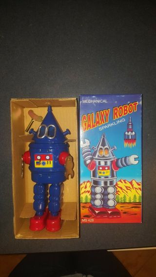 Vintage 9 1/2 " Mechanical Tin Toy Galaxy Sparkling Wind - Up,  Robot W/ Key & Box