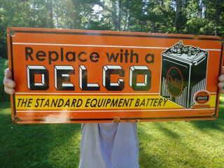 Vintage Outdoor 1949 Double Sided Delco Battery Porcelain Gas Station Pump Sign