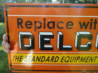 VINTAGE OUTDOOR 1949 DOUBLE SIDED DELCO BATTERY PORCELAIN GAS STATION PUMP SIGN 4