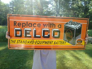 VINTAGE OUTDOOR 1949 DOUBLE SIDED DELCO BATTERY PORCELAIN GAS STATION PUMP SIGN 5