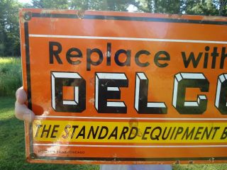 VINTAGE OUTDOOR 1949 DOUBLE SIDED DELCO BATTERY PORCELAIN GAS STATION PUMP SIGN 7