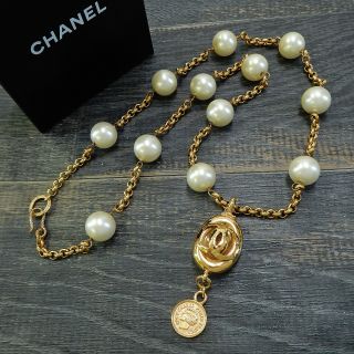 Chanel Gold Plated Cc Logos Coin Imitation Pearl Vintage Necklace 4386a Rise - On