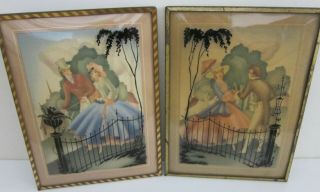 Pair Antique Reverse Painted Victorian Courtship Silhouettes On Bubble Glass 6x8
