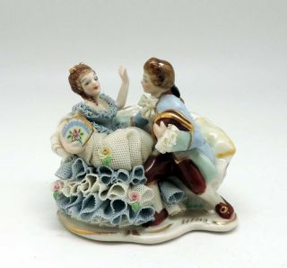 Antique Irish Dresden Porcelain And Lace Figurine Couple On Couch " Persuasion "