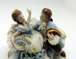 Antique Irish Dresden Porcelain and Lace Figurine Couple on Couch 