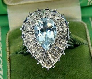 Vintage Palladium Art Deco Antique Large Aquamarine Pear Shape Diamond Ring Rare