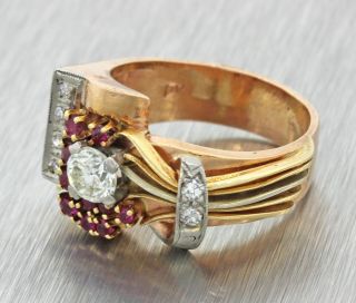 1930s Antique Art Deco Estate 14k Rose Gold.  90ctw Diamond Ruby Cocktail Ring D8 3