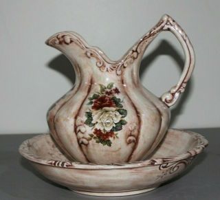 Vintage Medium Porcelain Pitcher And Wash Basin Bowl Set Pink And Gold Floral