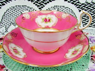 Royal Albert Roses Gold Gilt Scrollwork Hot Pink Tea Cup And Saucer