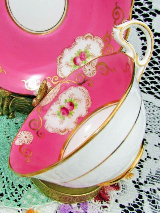 ROYAL ALBERT ROSES GOLD GILT SCROLLWORK HOT PINK TEA CUP AND SAUCER 5