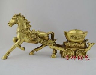 Lucky Chinese Old Brass Carved Collect Hand Horse Gold Ingot Coin Statue