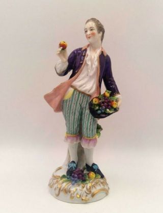 Vintage German Porcelain Figurine Saxe,  " Man With Fruit Basket ",  Xix C.