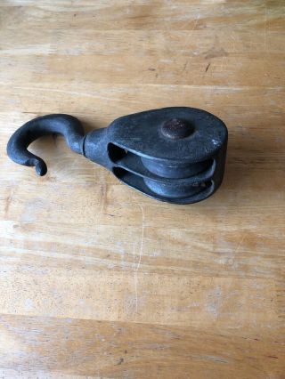 Large Vintage Antique Cast Iron Pulley Block And Tackle,  Double Channels