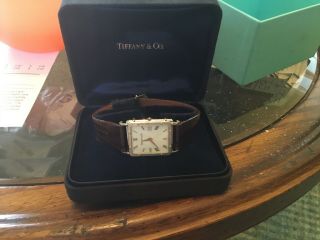 Vintage Tiffany & Co Steel And Gold Tank Case Leather Band Men 