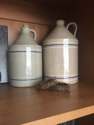 Antique Blue & White Stripe Banded Stoneware Jug.  Old Salt Glaze Pottery