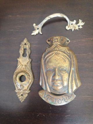Vintage Queen Victoria Brass Door Knocker Set