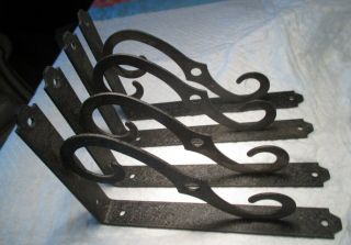 4 Vintage Black Hammered Wrought Iron Scroll Shelf Brackets 2 Pairs 8 " X 5 1/2 "