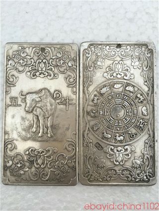 Tibetan Silver Tibet Statue Chinese Zodiac Cattle Ox Patient Amulet Thangka