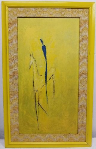 Antique Vintage Mcm Mid Century Modern Bright Yellow Abstract Painting Horse