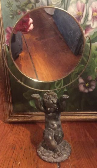 Vintage Antique Cast Metal Bronze Cherub Putti Vanity Mirror Swivel Makeup